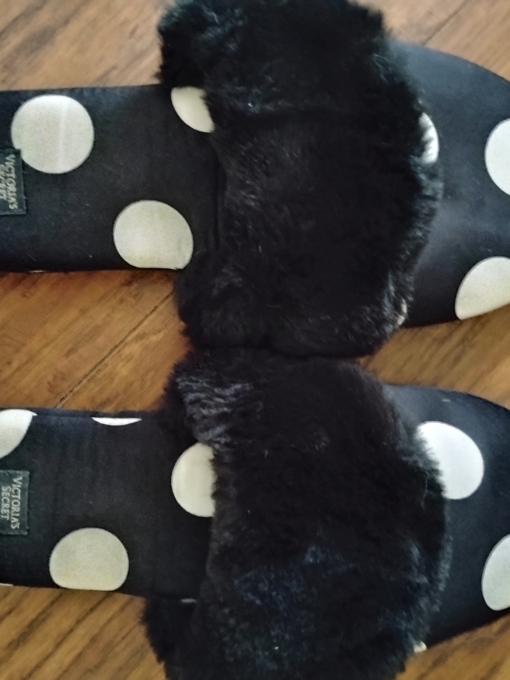 Victoria's Secret Black Fuzzy Slide Slippers with White Polka Dot Insole